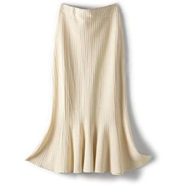 Imagem de Saia Fishtail Feminina Malha - Saia Envoltória De Quadril Apertada Saia Midi Comprimento Da Panturrilha, Elegante Bainha Fishtail Saia Longa, Saia De Tricô Grossa De Inverno Para Senhoras,Bege,Um