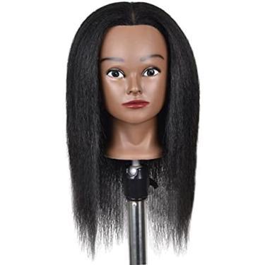 Imagem de Boneca De Prática De Estilo De Cabelo Cabeça De Manequim De Treinamento Afro Com Grampo, Cabelo Humano Real, Grosso, Pode Fazer Permanente, Descolorir, Cortar E Soprar -,16 Pol. Preto Claro,YUYANA