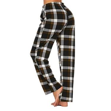 Imagem de Calça de pijama xadrez feminina de flanela com cordão cintura elástica calças lounge de inverno de perna larga, X1-Marrom, Large