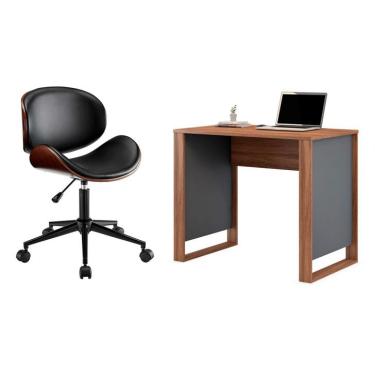 Imagem de Conjunto de Mesa Morada Amendola e Grafito com Cadeira de Escritório Diretor Giratória Bergen Preta