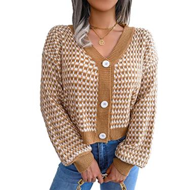 Imagem de Casaco Feminino de Malha Com Frente Aberta, Xadrez Com Botão de Fileira única, Cor que Bloqueia Suéter Frontal Aberto para Mulheres, Acrílico para Viagens (M)