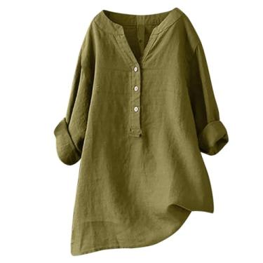 Imagem de Camisa feminina de algodão e linho com botão, gola em V, manga comprida, túnica leve e simples, blusas casuais Afinar Henley Camisa Camiseta feminina com Cor Sólida Pura D23-Bronze 3X-Large