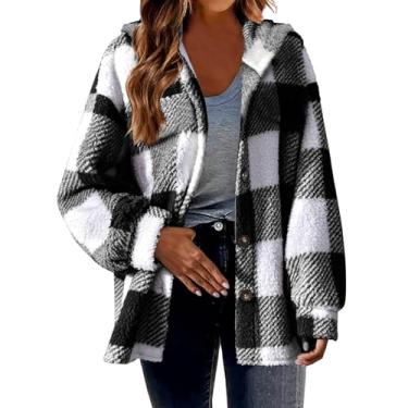 Imagem de Casaco feminino xadrez felpudo casual lapela manga longa botão casaco feminino inverno quente grosso aconchegante jaqueta de lã sherpa, 02#preto, GG