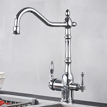 Imagem de Torneira de cozinha com filtro dourado polido, torneira de água pura para beber, alça dupla montada em 3 saídas, misturador de água quente e fria, cromado a
