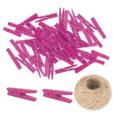 Imagem de 200 peças mini clipes de madeira natural de 25 mm prendedor de roupa DIY festa de casamento clipes de clipe de madeira pinos com fio de juta de 98 pés (rosa vermelha)