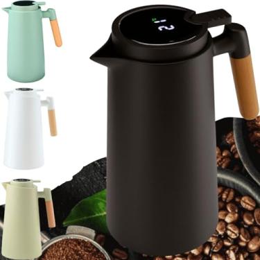 Imagem de Garrafa Térmica de Café 1000ml Plástico com Cabo de Madeira e Termômetro 1L vacuo Utensílios de Cozinha Mesa Posta Decoração Itens Para Casa Perfeita Para Café e Chá Quente e Frio (Preta)