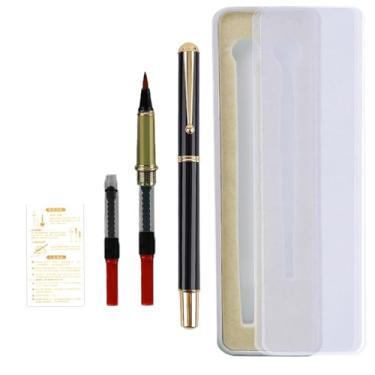 Imagem de Huakaile Caneta tinteiro portátil de metal com capa, caneta de caligrafia com ponta de pincel flexível recarregável para escrever ilustração de letras (1 caneta preta, 3 conversores)