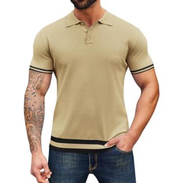 Imagem de Runcati Camisa polo masculina de malha manga curta gola V algodão botão pulôver casual camisas de golfe, Bege, G