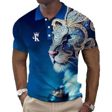 Imagem de Camisa polo masculina de manga curta com estampa de leão animal e design elegante de botão, Zphq65981, 3G