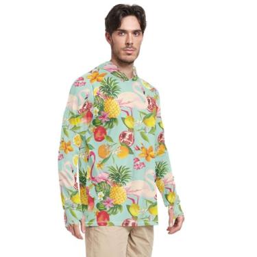 Imagem de Camisas de sol masculinas de manga comprida com capuz FPS 50+ Rash Guard para homens UV, Flores de flamingo, P