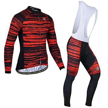 Imagem de 7HAHA3 Conjunto masculino de camisa de ciclismo com estampa de listras escovadas MTB, blusa de manga comprida e calça acolchoada, vermelho, GG (177 cm 80 kg)