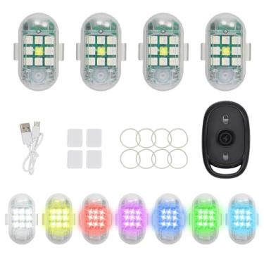 Imagem de 4 peças de luzes LED anticolisão com controle remoto, 7 cores, lâmpada de advertência estroboscópica de LED, recarregável por USB, para carros, drones, aeronaves, motocicletas, bicicletas, luzes de
