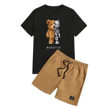 Imagem de SOLY HUX Conjunto de 2 peças masculinas de verão com estampa de letras, camiseta de manga curta e shorts com cordão, Urso multicolorido, M