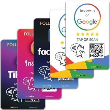 Imagem de TapFive Google Review Tap Cards + Siga-nos no Instagram Facebook TikTok - Toque para avaliações instantâneas e seguidores - Compatível com todos os telefones - NFC e QR reutilizáveis (pacote com 5