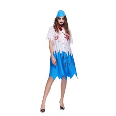 Imagem de EraSpooky Fantasia assustadora de comissária de bordo de zumbi, uniforme de aeromoça morta, fantasia de zumbi, Multi, Large