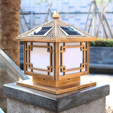 Imagem de Poste de luz de jardim estilo chinês poste de energia solar poste de luz de painel solar poste de luz de estilo japonês tradicional poste de pilar quadrado LED ao ar livre à prova d'água pil
