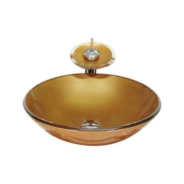 Imagem de Cuba de Vidro Redonda 42cm + Valvula + Torneira Cascata Dourado Real