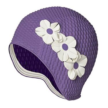 Imagem de Touca de natação de látex – Touca de natação feminina elegante ótima para mulheres, perfeita para manter o cabelo seco – Adequado para cabelos longos – crepe bolha com lavanda e flores brancas