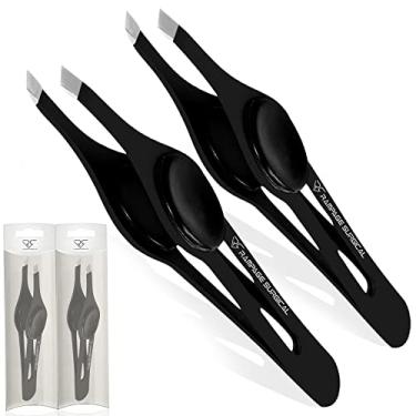 Imagem de Pinça profissional para sobrancelhas, ponta inclinada, aço inoxidável, conjunto com 2 peças, pinças de ponta oblíqua antiderrapante para pelos faciais, remoção de pelos encravados, pinça para mulheres e homens (preto e preto)