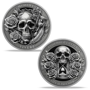 Imagem de BHealthLife Moeda Memento Mori Memento Vivere - Token de lembrete estóico moeda de desafio de caveira - Presente motivacional de estoicismo medalhão - Life is Precious
