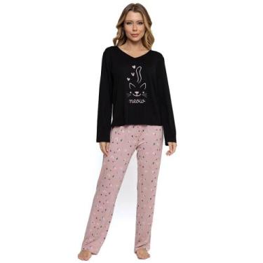 Imagem de Pijama Longo Feminino  Pellin G040  Gatinho, Preto, Rosa, GG