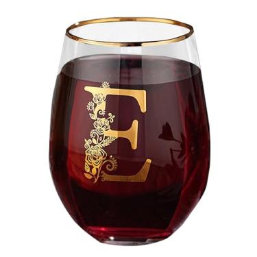 Imagem de Taça de vinho com monograma floral sem haste exclusiva gravada com inicial para tinto ou branco 425 g copo de vinho letra E - presentes para mulheres, homens, presentes de aniversário, Natal,