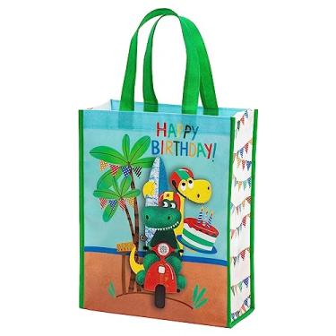 Imagem de WRAPAHOLIC Bolsa de presente reutilizável média com alças - 25,4 x 12,7 x 33 cm - dinossauro com design de letras de feliz aniversário, perfeita para presente de festa de aniversário infantil, sacola de compras