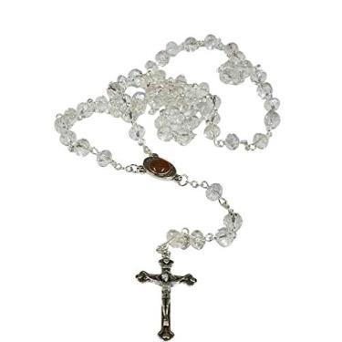 Imagem de LION OF JUDAH MARKET Colar banhado a prata, rosário, contas de vidro transparente e crucifixo de Jesus e acessório da cruz de Jerusalém