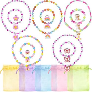 Imagem de XIPEGPA Conjunto de 15 peças, colar de princesa, pulseira, borboleta, arco-íris, flores, lembrancinhas, para meninas, Plástico, Sem Pedra