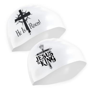 Imagem de Product Maxx Touca de natação religiosa baseada na fé - Jesus is King & He is Risen Religious Swim Cap para adultos e crianças - impermeável, durável, confortável - touca de natação (branca com design