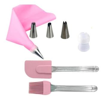 Imagem de Kit Cozinha Confeiteiro Pincel Bisnaga Espátula 3 Bicos Rosa - GabiJov