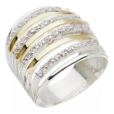 Imagem de Anel Prata de Lei 925 Com Ouro e Zirconias Super Luxo - Clara Center J