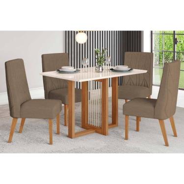 Imagem de Conjunto: Mesa Sala Jantar Natalí c/ Tampo Madeirado c/ Vidro Reto 120x80cm e 4 Cadeiras Eloa Nature/Suede Light Marrom Amêndoa - Henn
