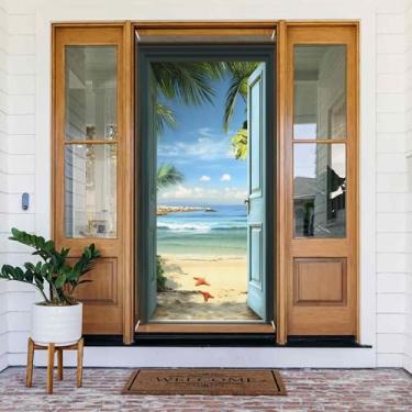 Imagem de WOOHOOROO Capa de porta suspensa falsa porta aberta vista mar litoral palmeira porta banner pano de fundo placa de festa decoração para varanda/quintal/jardim 89,9 cm x 180,1 cm