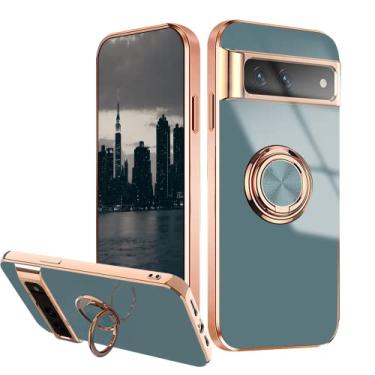 Imagem de Capa compatível com Google Pixel 8a com suporte de anel, capa de silicone para celular Google Pixel 8a com revestimento fofo, acessórios magnéticos para carros, capa à prova de choque (cinza)