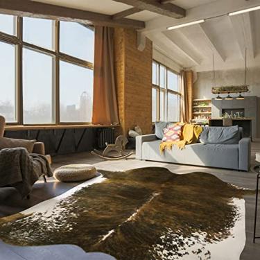 Imagem de BENRON Tapete de vaca extra grande - 1,8 m x 1,8 m Tapete de couro de vaca luxuoso tapete de couro de vaca para sala de estar quarto lareira tapete estilo indústria tapete de couro de vaca decoração de quarto tapete tapis 1,9 x 2,1 m, sela marrom