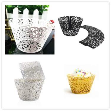 Imagem de Embalagens de cupcake em filigrana artísticas vazadas para assar bolos copos de papel de renda com corte a laser com forro de cupcake para decoração de festa (mistura de 4 cores, total de 100)