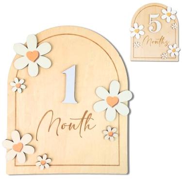 Imagem de Cartões de marco mensal para bebês - discos de marcos mensais de madeira - adereços de fotografia de recém-nascido para documentar o crescimento do seu bebê - Placa de anúncio do bebê (B05)