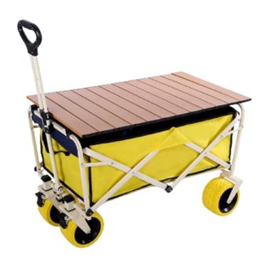 Imagem de carroça Carrinho de vagão com rodas dobrável, carrinho de jardim de acampamento com alça ajustável, vagão de praia com rodas grandes e mesa dobrável dobrável