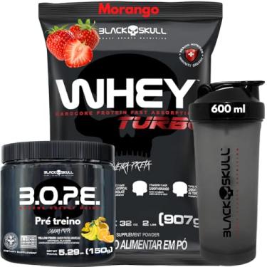 Imagem de Whey Protein 907g + Pré-Treino 150g + Coqueteleira - Kit Black Skull Whey Protein Concentrado Trubo + Bope Pré-Treino 150g + Coqueteleira 600ml Caveira Preta (Whey Morango - Bope Frutas Amarelas)