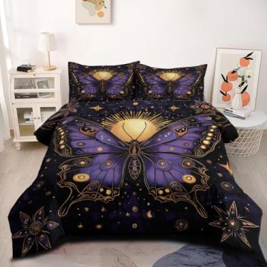 Imagem de CCoutueChen Conjunto de edredom boêmio com tema Queen de mariposa hippie preto e roxo para meninas e mulheres, 3 peças, com tema de sol e lua - macio e fofo (90 x 90)