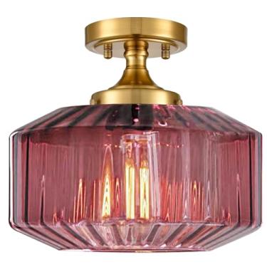 Imagem de Qepeety Luminárias De Teto Embutidas, Luminária Dourada De 1 Luz Com Cúpula De Vidro Roxo Com Sementes, Luminária De Teto Industrial De 11,02 Polegadas Para Corredor, Saguão, Varanda