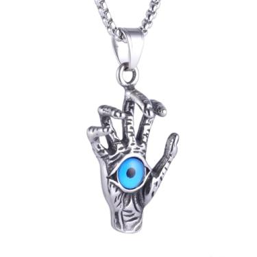 Imagem de Colar com pingente punk hip hop rock hamsa olho do diabo (olho de Deus) masculino e feminino com contas de resina azul, aço inoxidável 316L, corrente de pérola quadrada de aço inoxidável prata, joia