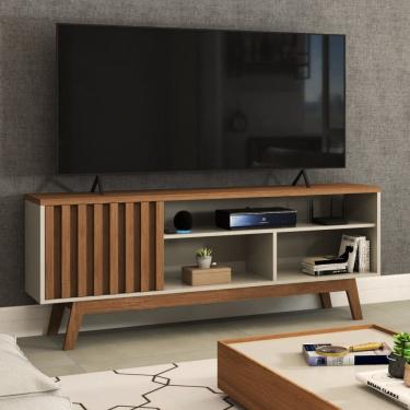 Imagem de Rack para TV Até 55 Polegadas Ripado Hungria Retrô 1 Porta 1 Prateleira Off White/Freijó - Panorama Móveis