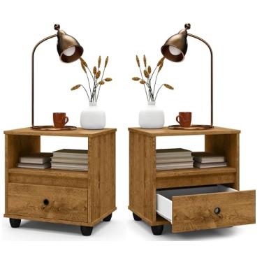 Imagem de Kit 2 Mesa de Cabeceira Quarto Mesinha Apoio Lateral Cama Box Casal Estilo Decoração Retrô 1 Gaveta - Freijó