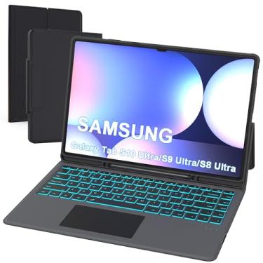 Imagem de Capa para Samsung Galaxy Tab S9 Ultra/S8 Ultra de 14,5 polegadas com teclado - Capa fólio para Tablet Book com Touchpad - Capa de teclado retroiluminada em 7 cores com suporte para caneta S para Tab