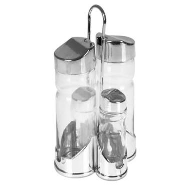 Imagem de GALHETEIRO VIDRO DE MESA 5 PECAS SUPORTE KIT AZEITE VINAGRE SAL TEMPERO COZINHA BAR RESTAURANTE PORTATIL CROMADO