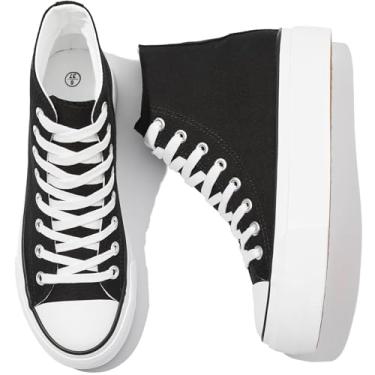 Imagem de POVOGER Tênis de plataforma para mulheres, moderno, cano alto, lona, branco, sapatos de plataforma, casuais, com cadarço, cano médio, Preto, 37