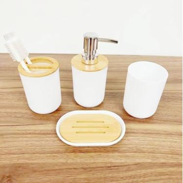 Imagem de Conjunto Para Banheiro Kit Lavabo 4 Peças Com Dispenser Porta Escova Saboneteira E Porta Trecos Em Bambu (Branco)
