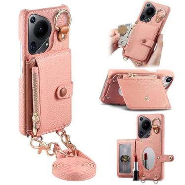 Imagem de Capa de telefone carteira transversal removível durável para Huawei Pura 70 Ultra, bolsa com zíper, suporte de anel, espelho integrado, compartimento para cartão, suporte de vários ângulos em elegante
